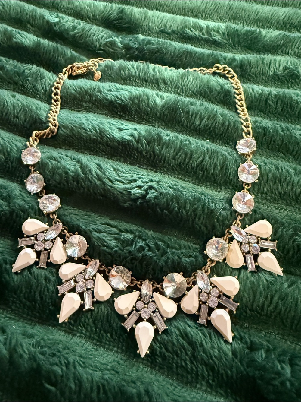 J. Crew Statement Necklace Gold Tone, Rhinestone, and White Tear Drop Gems